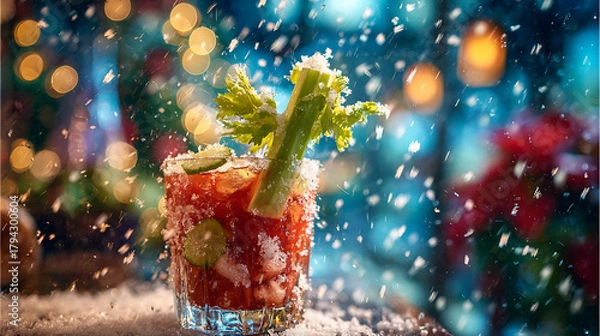 Obraz A refreshing blody mary with celery and lime sits on a table in a cozy winter scene. Snowflakes gently fall, creating a magical holiday atmosphere filled with lights.