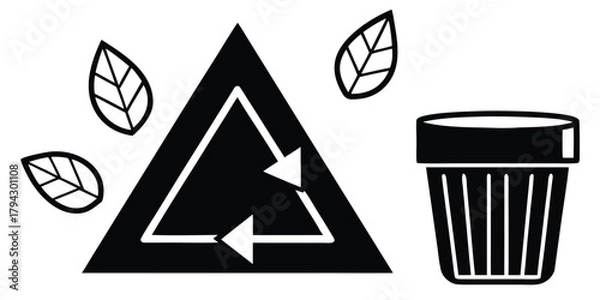 Obraz Recycling symbol, leaves, and trash bin icon representing eco-friendly waste management.