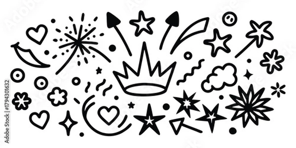 Obraz Hand drawn doodle elements set: crown, stars, hearts, fireworks, arrows for celebration design