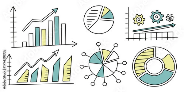 Fototapeta Hand drawn business growth charts, data analysis, and financial progress doodle set
