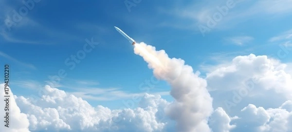 Fototapeta 3d render of a white missile coming out from a cloud on a light blue background,generative AI