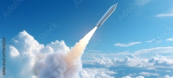 Fototapeta 3d render of a white missile coming out from a cloud on a light blue background,generative AI