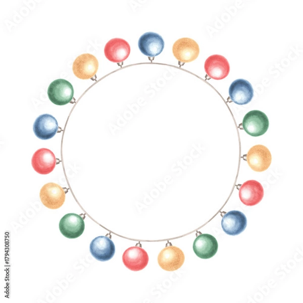 Obraz Frame wreath from garland of lights on string watercolor illustration. Hand drawn isolated glowing bulbs hanging on wire. Christmas winter holiday clipart. Festive template for card, textile, wrapping