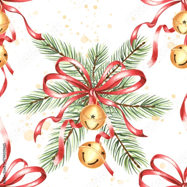 Fototapeta Watercolor red bow ribbons with round jingle bells on spruce branche seamless pattern for Christmas. Hand-drawn illustration, winter holiday packaging designs. Festive background for textiles, paper.