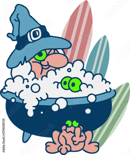 Fototapeta CartoonWizardCharacter.Quirky Cartoon Wizard Character Bathing in a Cauldron with Frog and Surfboards. Fun Retro Pop Art Illustration with Fantasy, Beach, and Magic Vibe perfect for Summer Apparel