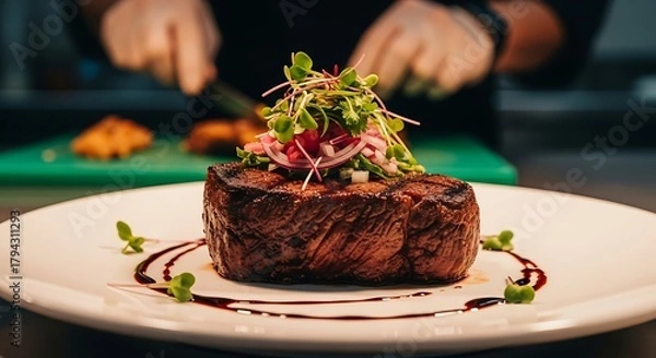 Fototapeta Exquisite Filet Mignon with Fresh Toppings Culinary Artistry in Fine Dining Presentation.jpg