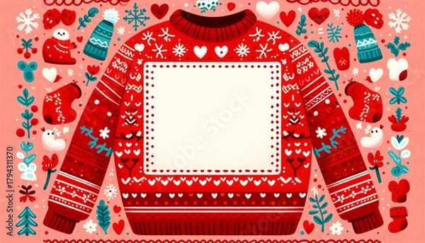 Obraz Red knit sweater pattern border, minimal white middle section.