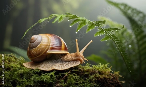 Fototapeta Snail on mossy forest floor