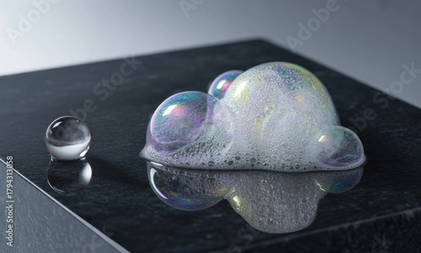 Fototapeta Soap suds, iridescent bubbles on dark surface, with a clear sphere