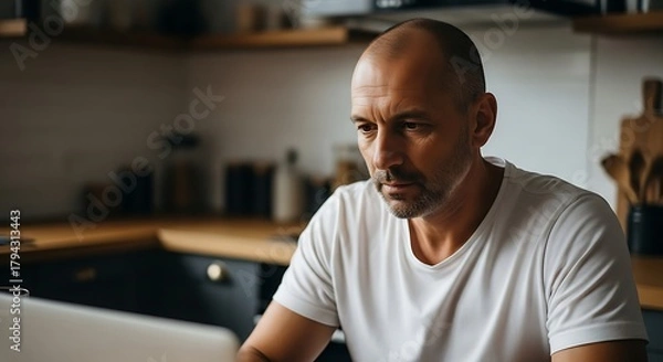 Obraz Focused man working from home on a laptop in a modern kitchen showcasing remote work and digital lif.jpg