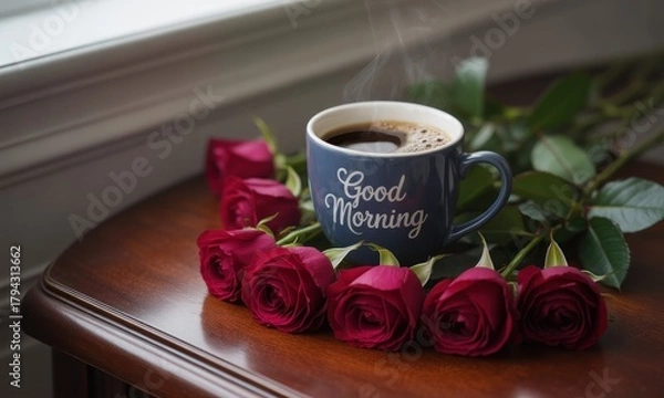 Fototapeta Steaming coffee cup with "Good Morning" message surrounded by red roses on a wooden table near a window