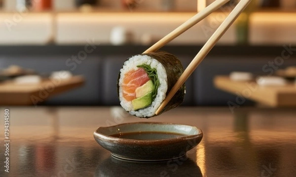 Fototapeta Sushi roll held by chopsticks, above dipping sauce
