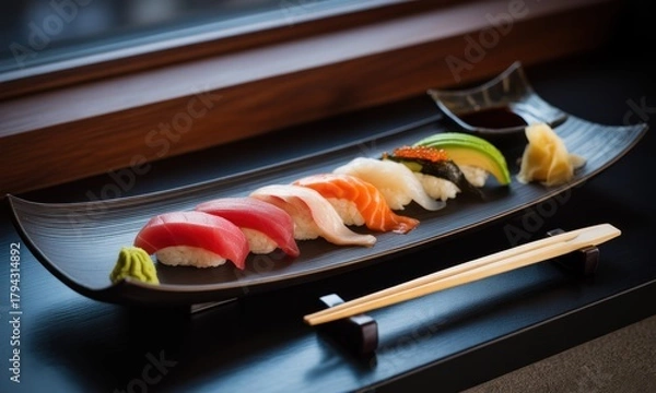 Fototapeta Sushi platter with various rolls and sauces