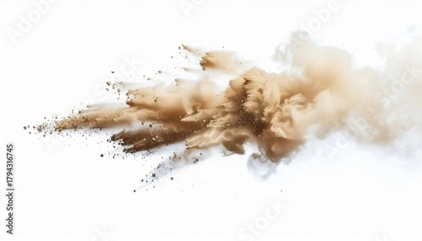 Fototapeta A dramatic burst and cloud of beigebrown dust and particles, frozen mid-air against a clean white background.