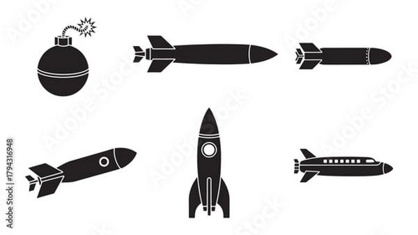 Fototapeta Set of black and white missile icons vector illustration of rocket and bomb symbols isolated on white background