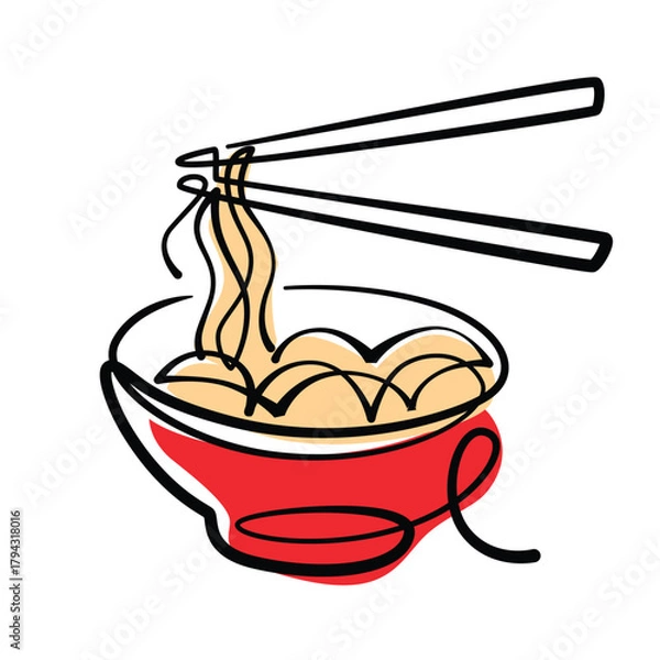 Fototapeta Noodles in a bowl one line drawing. Noodles in a bowl single line illustration. Noodles in a bowl minimalist line art. Noodles in a bowl vector art