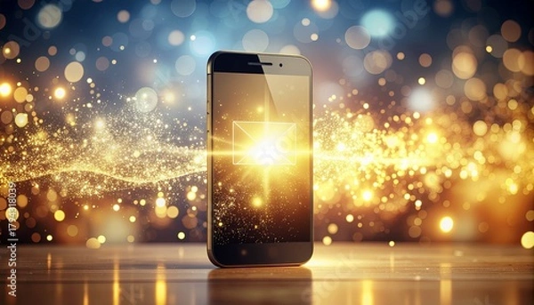 Fototapeta Smartphone with a glowing message notification surrounded by golden light particles and bokeh.