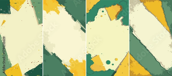 Fototapeta Set of abstract geometric grunge background in mustard yellow, sage green, and cream, featuring layered shapes, distressed textures, and paint splatter effects — vector panel collection