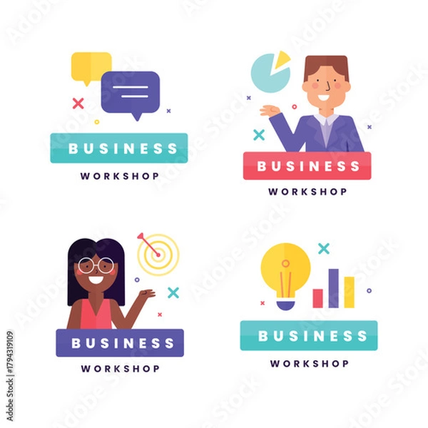 Fototapeta Flat design business workshop labels and tags template