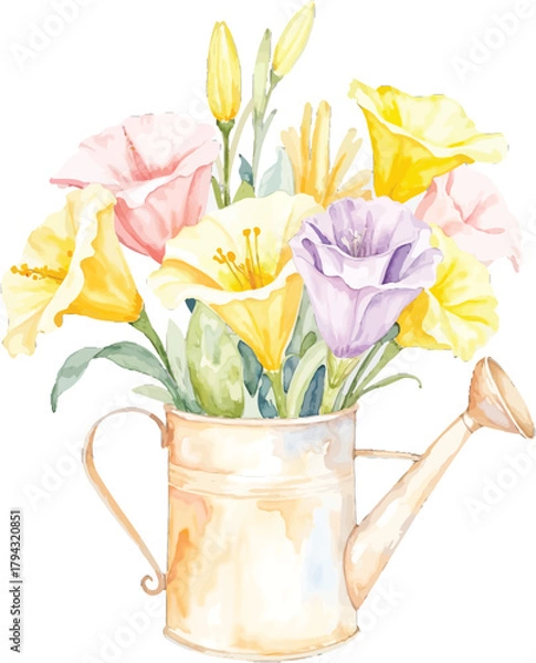 Obraz Watercolor painting of a floral bouquet in a watering can, transparent background, vector, illustration