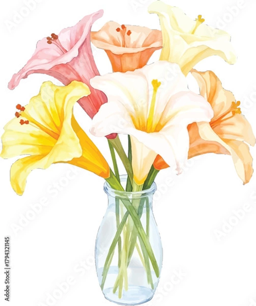 Obraz Watercolor painting of lilies in a vase, transparent background, vector, illustration
