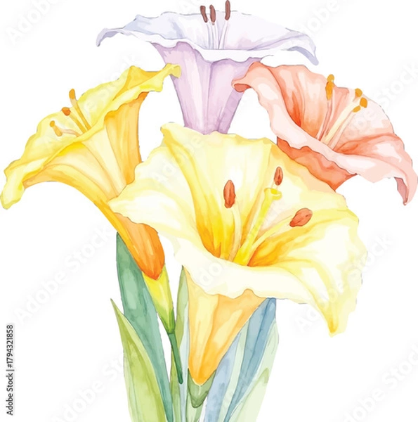 Obraz Watercolor painting of colorful lilies, transparent background, vector, illustration
