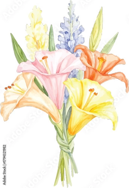 Obraz Watercolor painting of a colorful bouquet of lilies, transparent background, vector, illustration