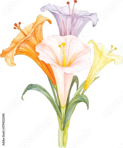 Obraz Watercolor painting of a bunch of lilies, transparent background, vector, illustration