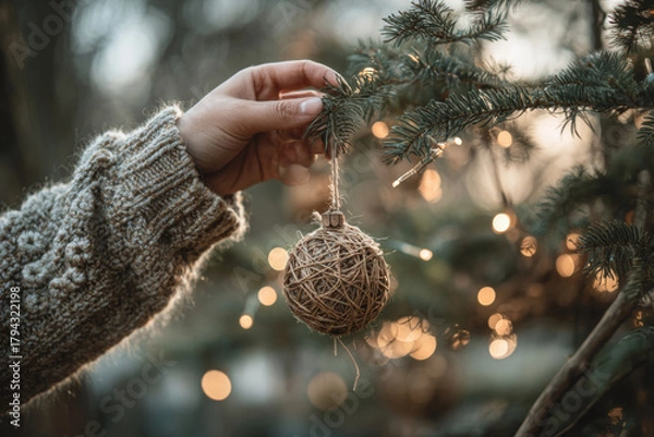 Obraz Close-up of a hand hanging a rustic natural ornament on an outdoor Christmas tree branch with festive lights. Concept of winter holidays and handmade decoration.