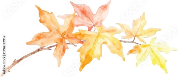 Obraz Watercolor painting of a branch with autumn leaves in warm tones, transparent background, vector, illustration