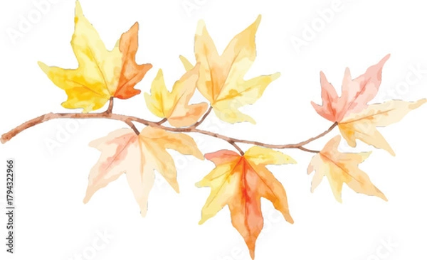 Obraz Watercolor painting of a branch with colorful autumn leaves, transparent background, vector, illustration