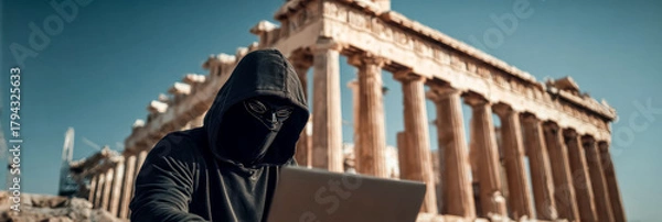 Fototapeta A hooded figure works quietly before an ancient temple, creating a striking tension between timeless stone and an emerging digital threat.