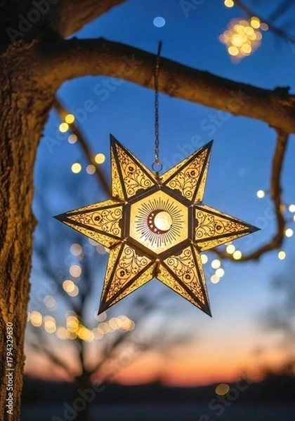 Obraz golden christmas star, Filipino star lantern lights up the night. Decorative ornament hangs from a branch. Glowing star-shaped light shines brightly creating festive vibes during holidays.