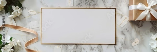 Fototapeta Elegant black friday sales concept with gift wrap and ribbon on marble surface. Template, mock-up for pharmacy, drugstore, cosmetics store, beauty salon. Horizontal banner. Copy space