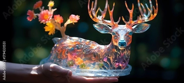 Fototapeta A mythical beast , a small creature made of glass that is sitting in the palm of your hand,generative AI