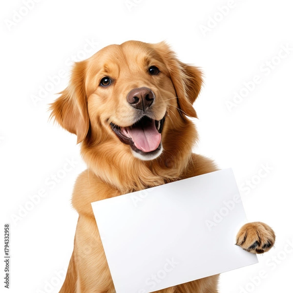 Obraz Happy dog holds a blank sign, smiling on a black background