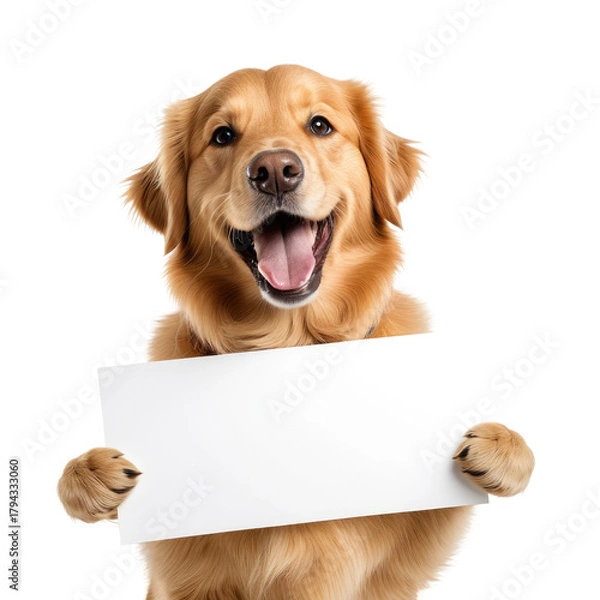 Obraz Smiling dog holding a blank sign. Cute, bright background