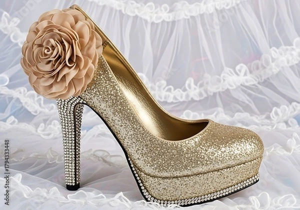 Obraz a glamorous golden high heel adorned with a delicate floral arrangement rests upon a textured lace surface presenting a beautiful aesthetic