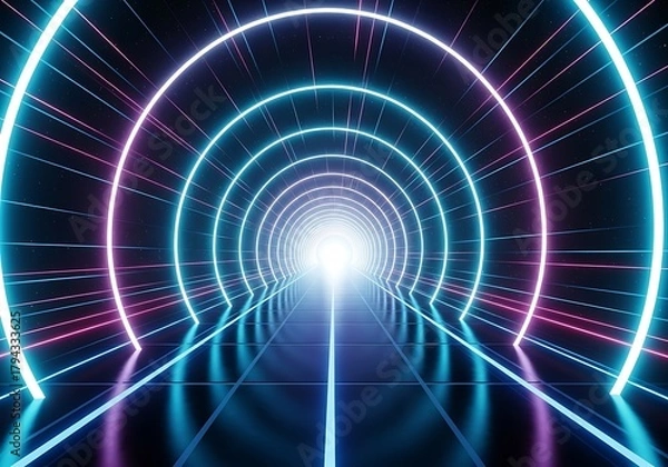 Fototapeta a vibrant and captivating digital tunnel constructed from concentric glowing rings of neon light leads towards a bright central point of illumination