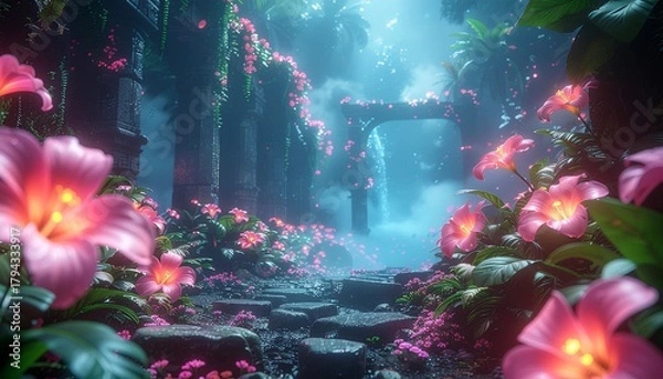Fototapeta Enchanted Garden Path through Ancient Ruins Adorned with Glowing Pink Lilies and Ethereal Mist Under a Mystical Sky