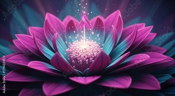 Fototapeta a vibrant and luminous pink lotus flower blooms with a glowing center radiating light and energy against a dark backdrop