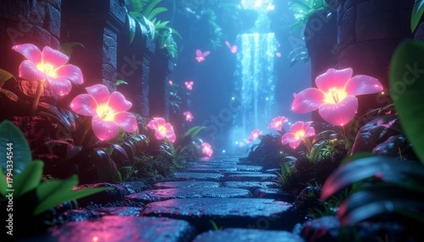Fototapeta A mystical stone pathway illuminated by glowing pink flowers leading to a magical waterfall in an enchanted forest at night