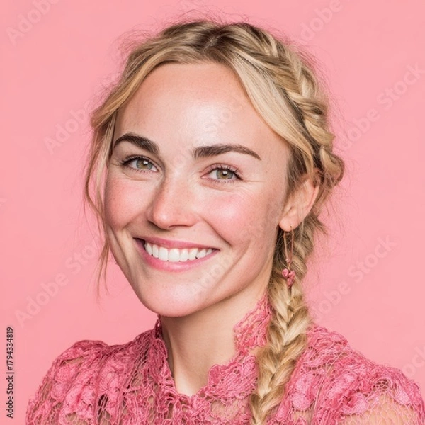 Obraz A chic pastel themed image of a woman in a delicate dress exudes elegance and modernity for timeless beauty concepts.