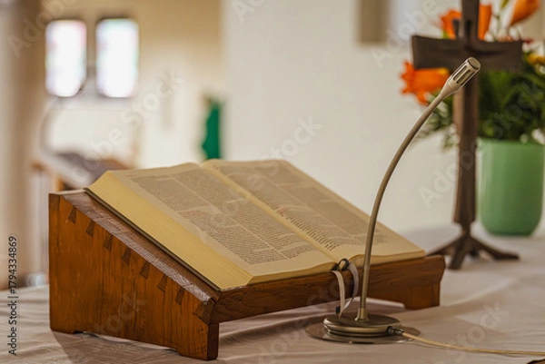 Obraz Hier treffen zwei Welten aufeinander: Das schwere, alte Buch, das die Stille vergangener Weisheit atmet, liegt bereit auf dem Pult. Es ist die unvergängliche Essenz der geschriebenen Wahrheit.