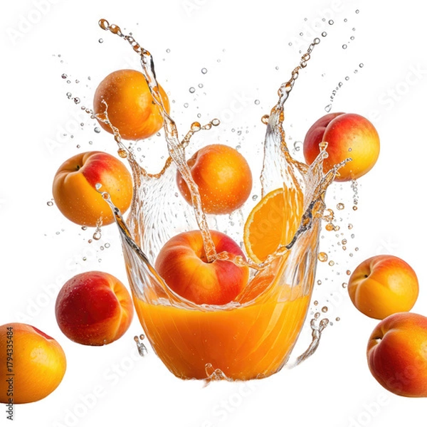 Obraz Apricot juice splash! Fruit flies amid liquid. Black background