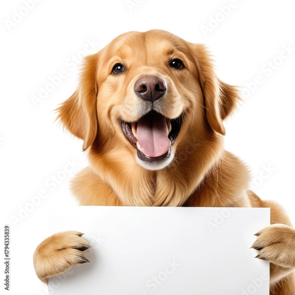 Obraz Smiling dog holding a blank sign on a black background