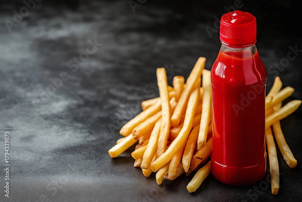 Fototapeta French Fries with Red Ketchup Bottle on Black Table