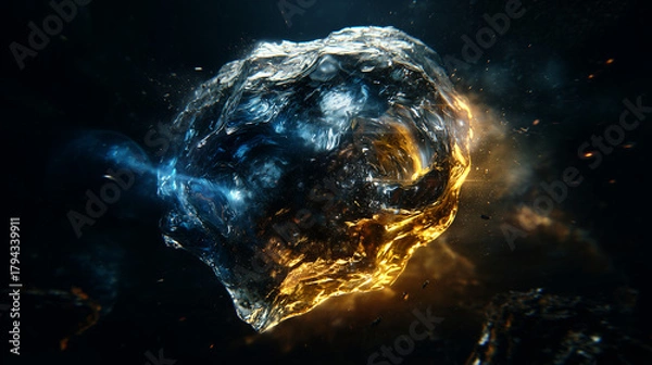 Fototapeta geode. Translucent geode bursting with cosmic dust and glowing bubbles, capturing ancient atmosphere. STEM education sheets.