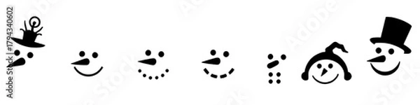 Fototapeta diverse snowman faces in black and white silhouette for winter holiday design elements.