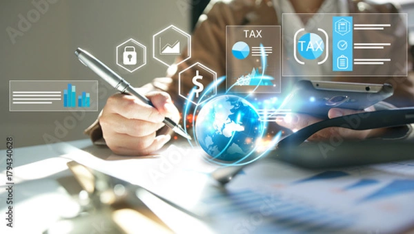 Fototapeta businesswoman organizing tax checklist through virtual interface. Tax planning services to maximize tax savings and optimize business finances